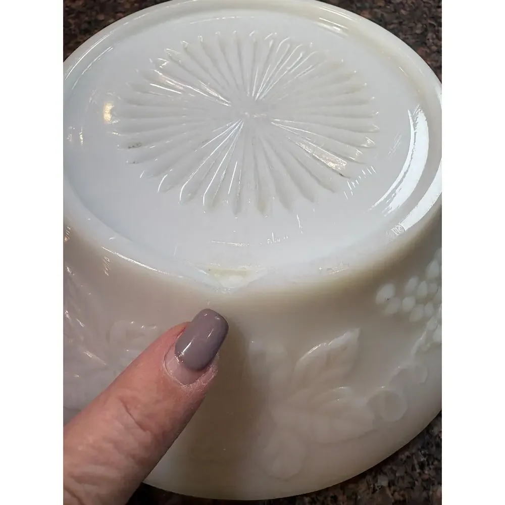Vintage Milk Glass Bowl with Grape and Leaf Design 8.5" round - Picture 7 of 14